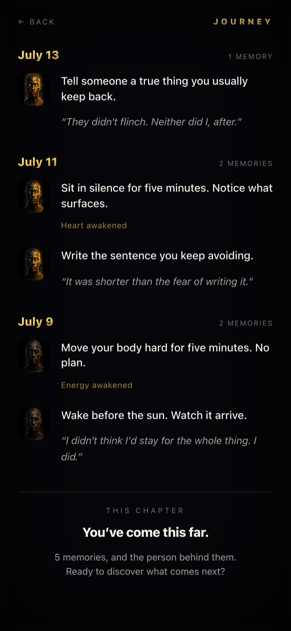 A SELVUN journey timeline — dated entries, each with the gold Vessel beside a moment the person noticed about themselves.